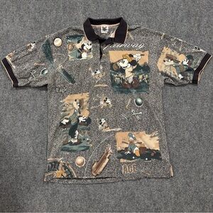 Vintage Disney Shirt Men Black Mickey Mouse All Over Print Polo Golf Large?